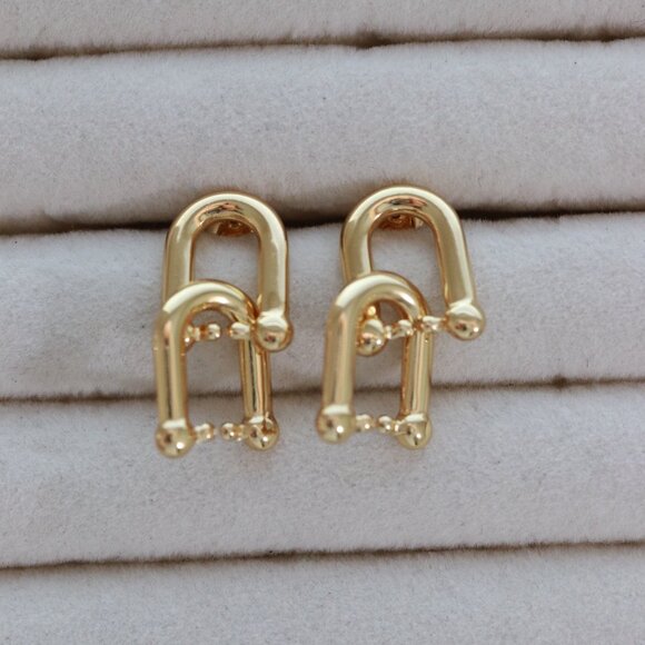 U-Bar Shape Chunky Hardware Stud Dangling Earrings Stainless Steel - Picture 3 of 4